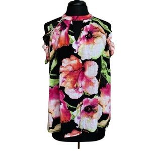 UMGEE Sleeveless Floral Blouse Top Black Pink Ruffle Size Large